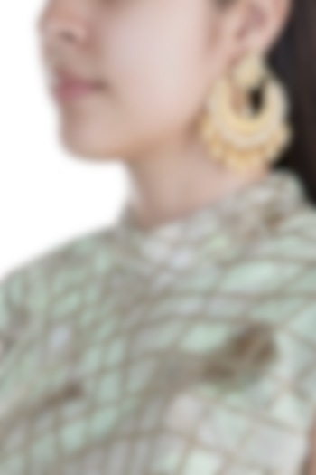 Gold Finish Pearls & Kundan Textured Chandbali Earrings by Anjali Jain Jewellery
