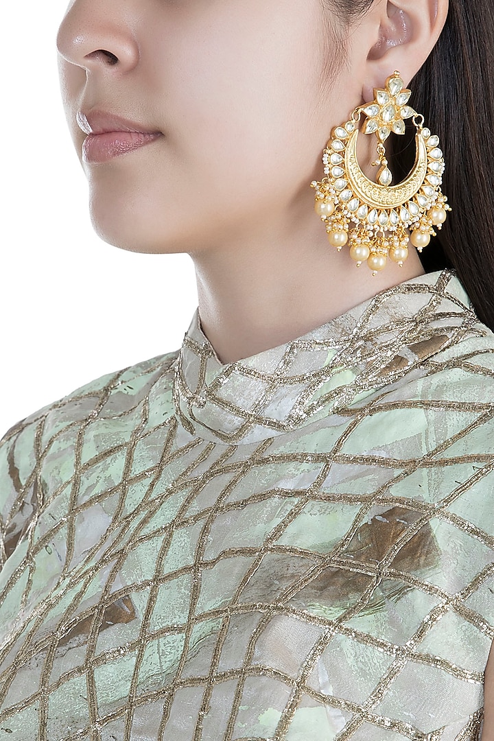 Gold Finish Pearls & Kundan Textured Chandbali Earrings by Anjali Jain Jewellery
