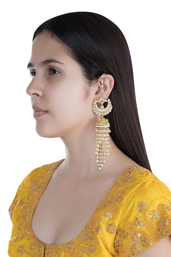 Gold Finish Kundan & Pearls Tasseled Jhumka Earrings by Anjali Jain Jewellery