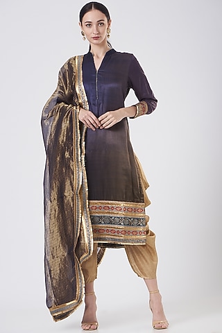 Navy Blue Silk Shaded Kurta Set by Anjali Jain