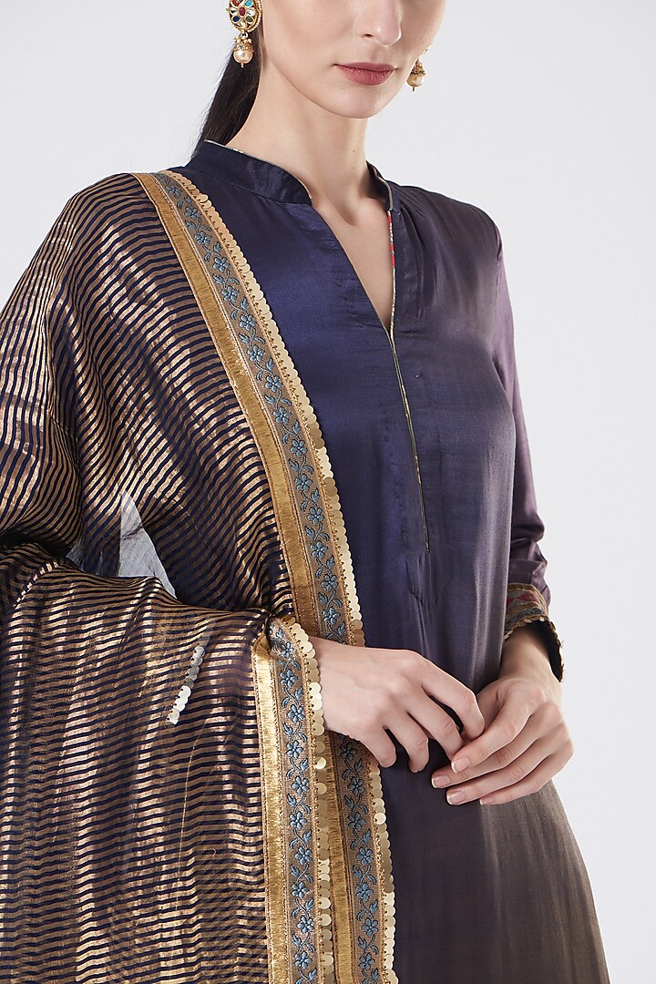 Navy Blue Silk Shaded Kurta Set by Anjali Jain at Pernia's Pop Up Shop