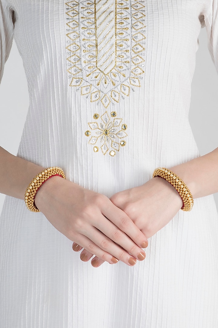 Gold Polish Gold Beads Roped Bangles by Anjali Jain Jewellery