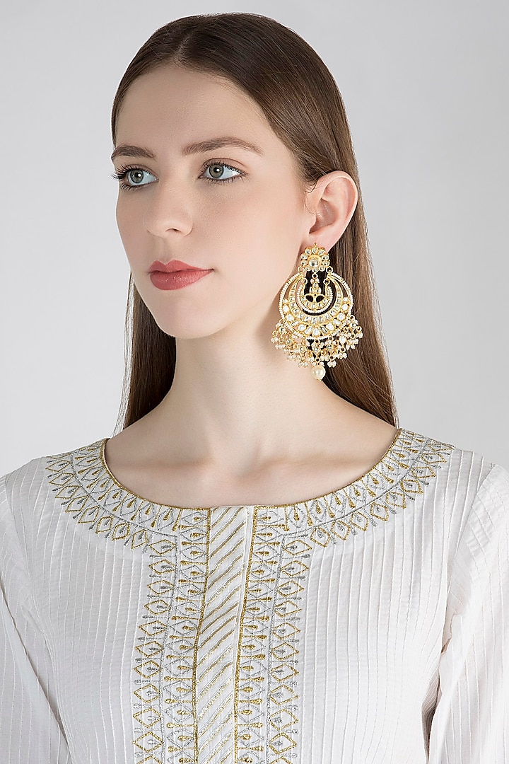 Gold Polish Kundan Chandbali Earrings by Anjali Jain Jewellery