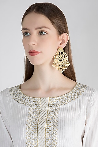 Gold Polish Kundan Chandbali Earrings by Anjali Jain Jewellery