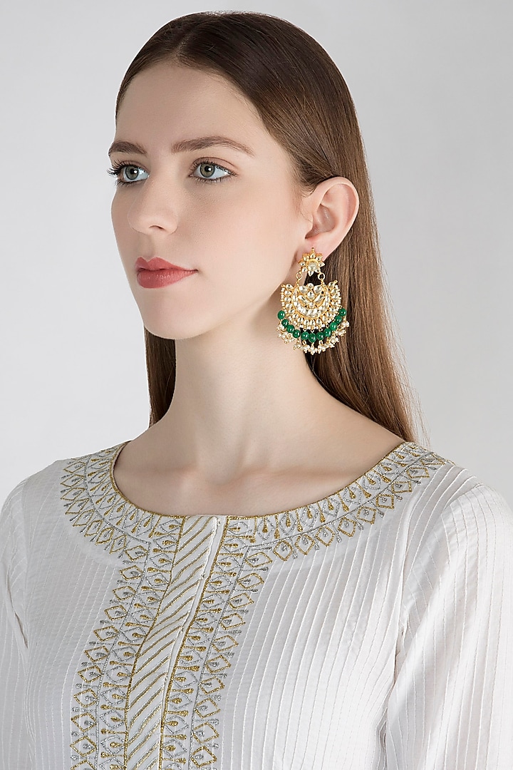 Gold Polish Kundan & Onyx Chandbali Earrings by Anjali Jain Jewellery
