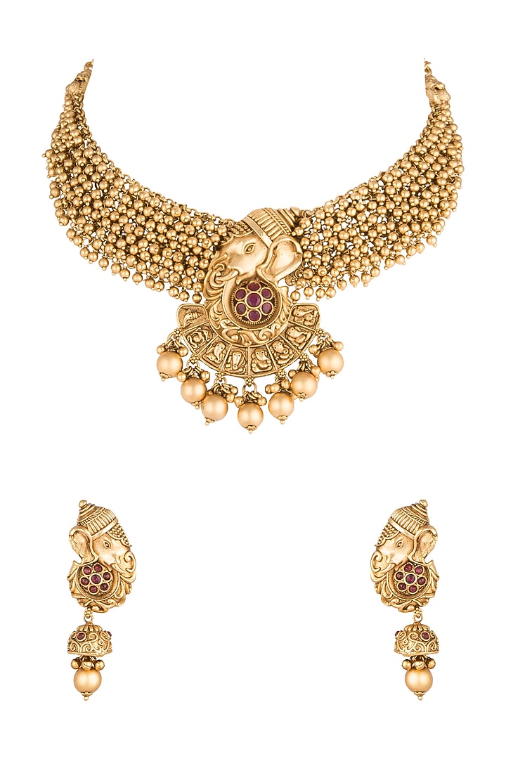 Gold Polish Ganesha Pendant Necklace Set by Anjali Jain Jewellery