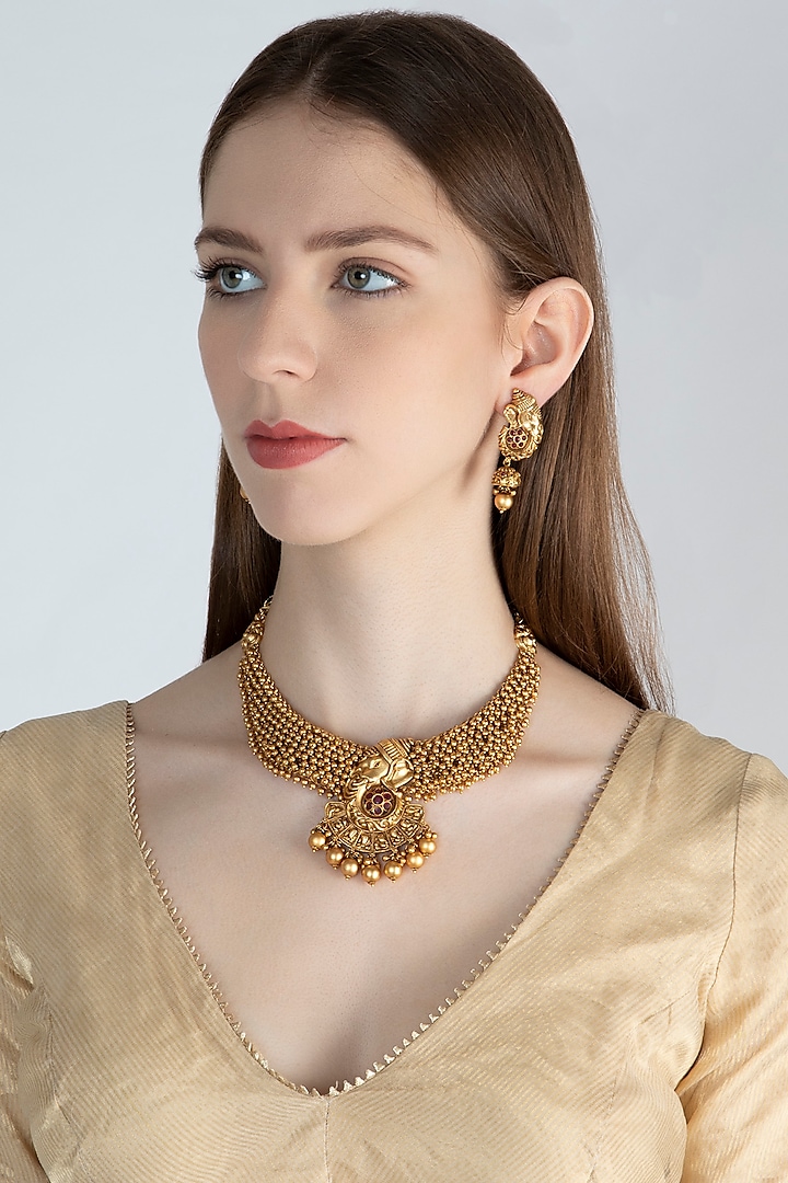 Gold Polish Ganesha Pendant Necklace Set by Anjali Jain Jewellery