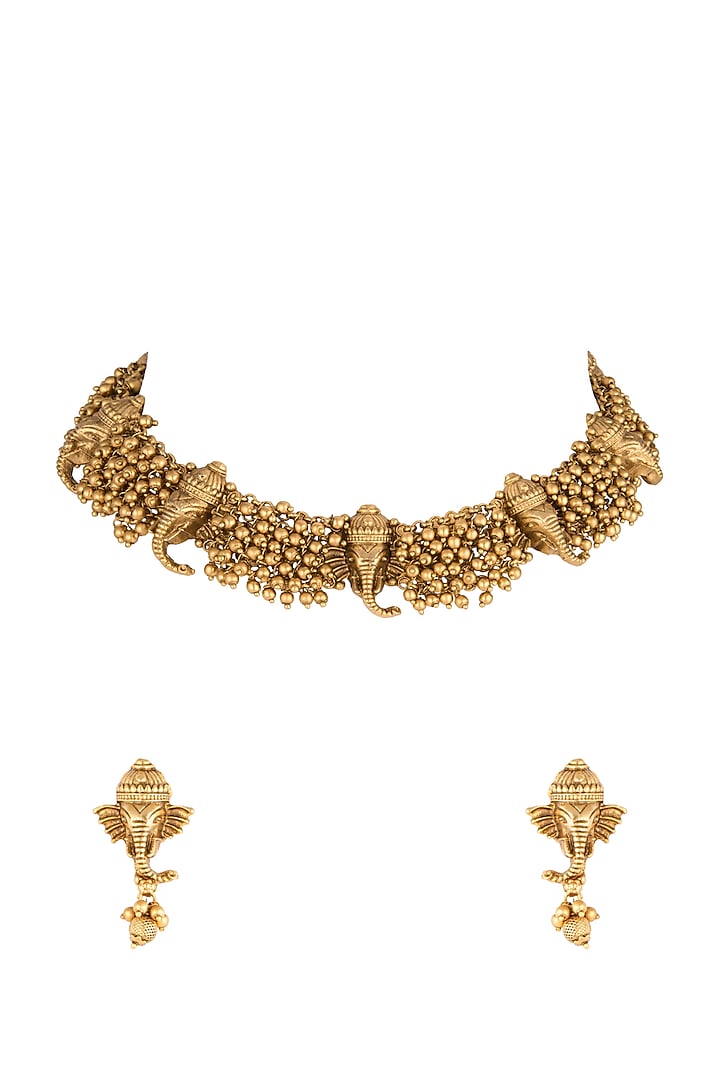 Gold Polish Ganesha Head Pieces Necklace Set by Anjali Jain Jewellery