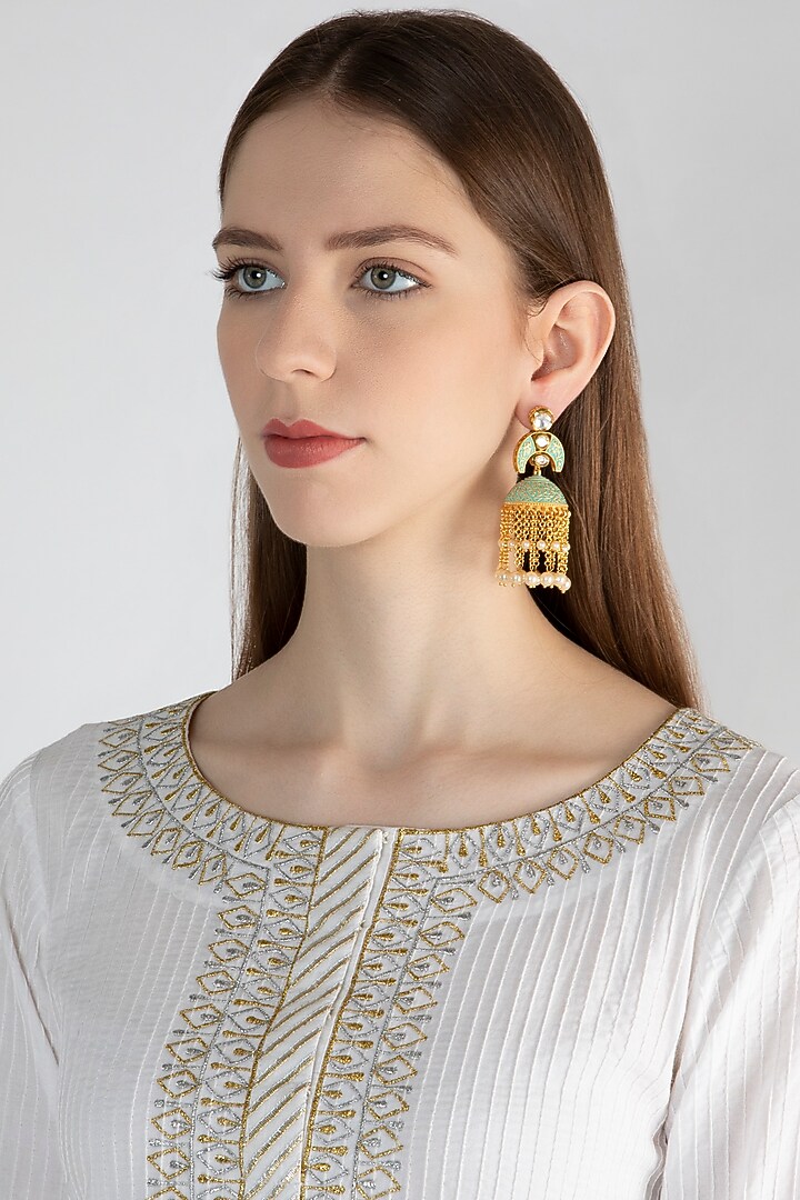 Gold Polish Enamelled Jhumka Earrings by Anjali Jain Jewellery at Pernia's Pop Up Shop