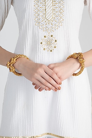 Gold Polish Elephant Head Carved Bangles by Anjali Jain Jewellery