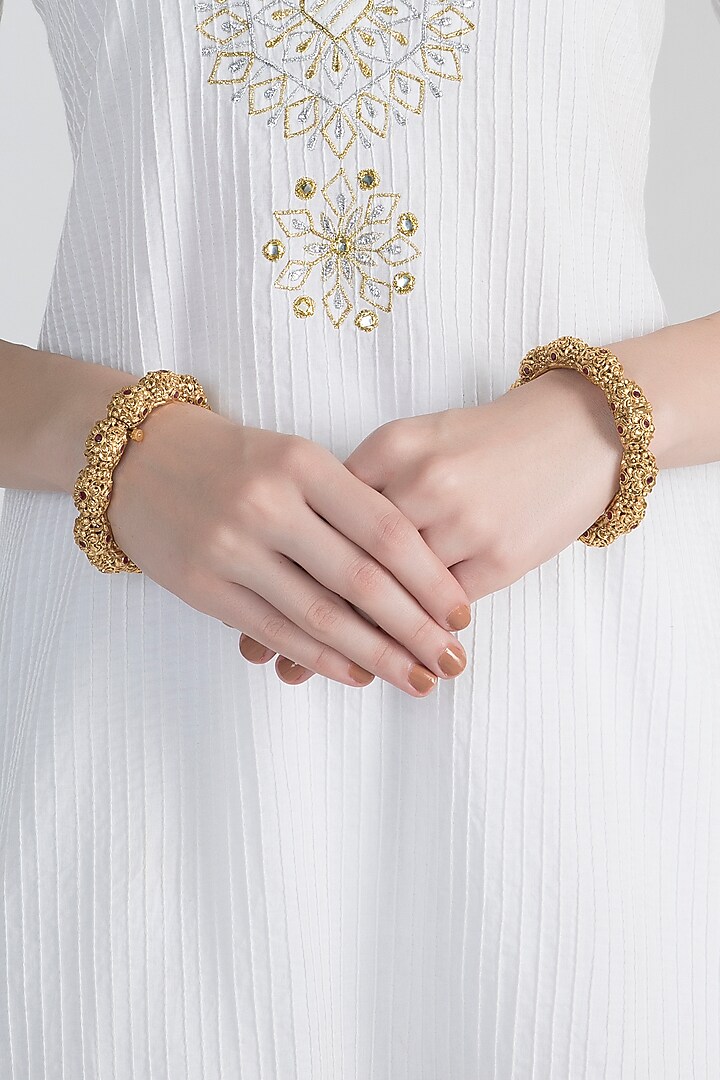 Gold Polish Ruby Onyx Scalloped Bangles by Anjali Jain Jewellery