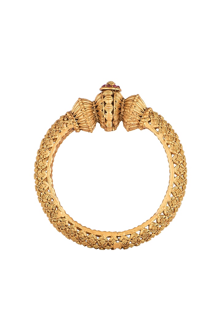 Gold Polish Carved Discs Bangles by Anjali Jain Jewellery at Pernia's Pop Up Shop