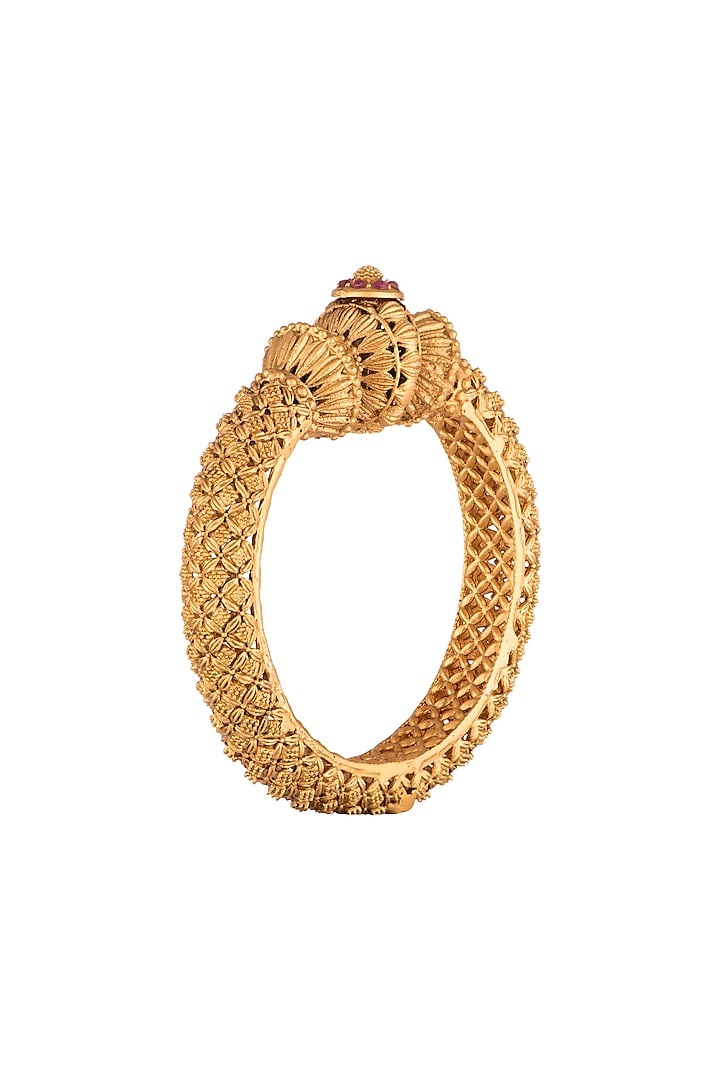 Gold Polish Carved Discs Bangles by Anjali Jain Jewellery at Pernia's Pop Up Shop
