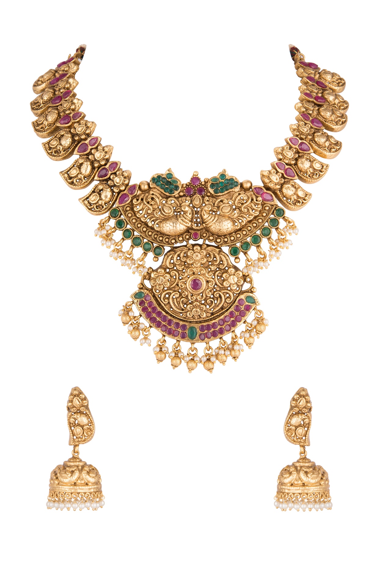 Gold Polish Carved Pendant Necklace Set 