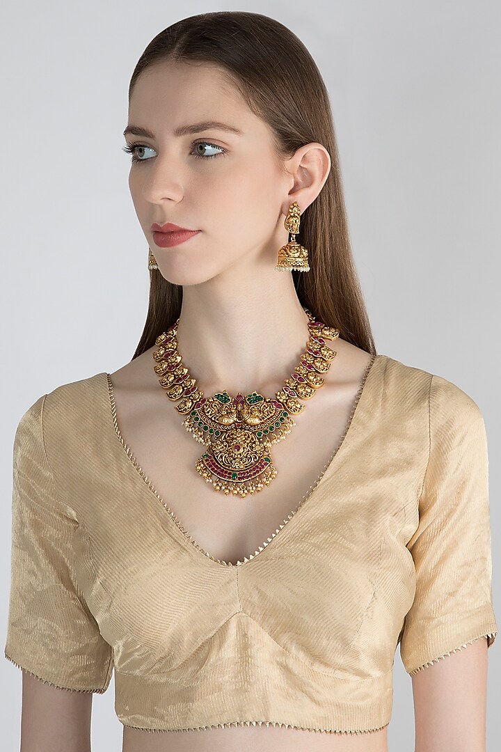 Gold Polish Carved Pendant Necklace Set by Anjali Jain Jewellery