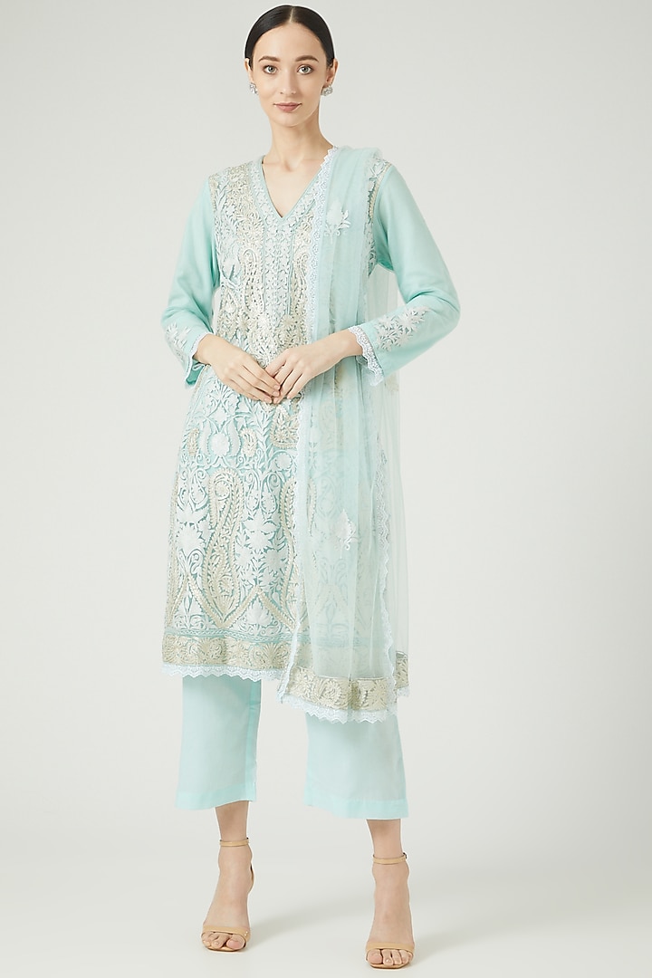 Ice Blue Net Kurta Set by Anjali Jain at Pernia's Pop Up Shop