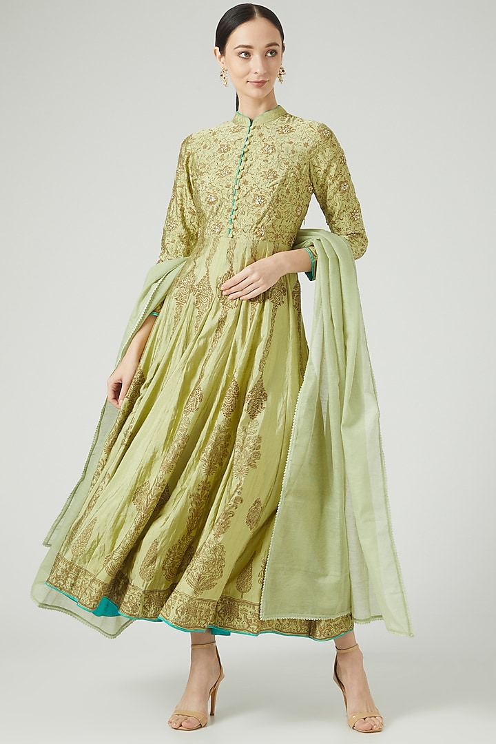 Pistachio Green Block Printed Anarkali Set by Anjali Jain at Pernia's Pop Up Shop