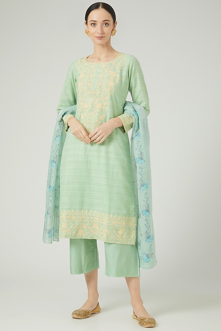 Light Green Cotton Embroidered Kurta Set by Anjali Jain at Pernia's Pop Up Shop