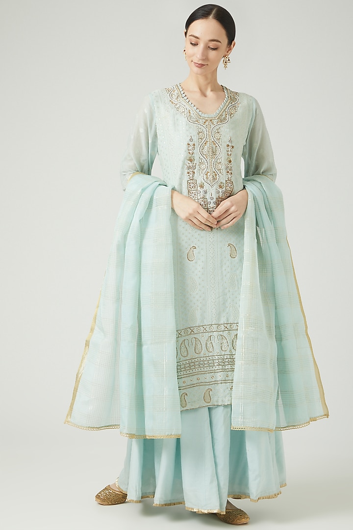 Light Blue Embroidered Kurta Set by Anjali Jain