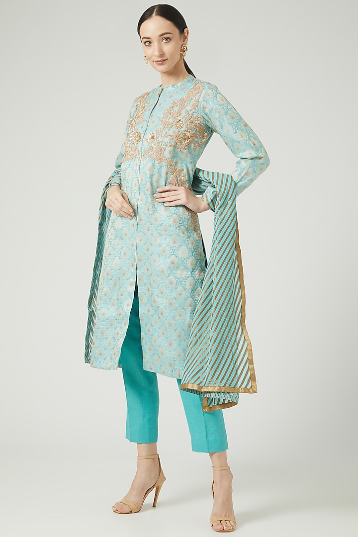 Light Blue Hand Embroidered Kurta Set by Anjali Jain at Pernia's Pop Up Shop