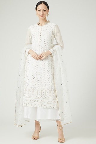 White Embroidered Kurta Set by Anjali Jain