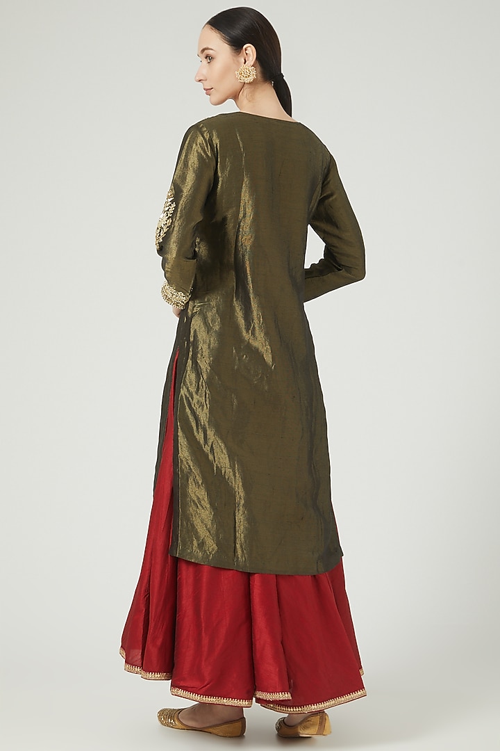 Dark Metallic Green Kurta Set by Anjali Jain at Pernia's Pop Up Shop
