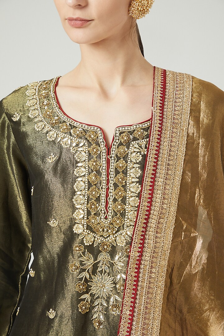 Dark Metallic Green Kurta Set by Anjali Jain at Pernia's Pop Up Shop