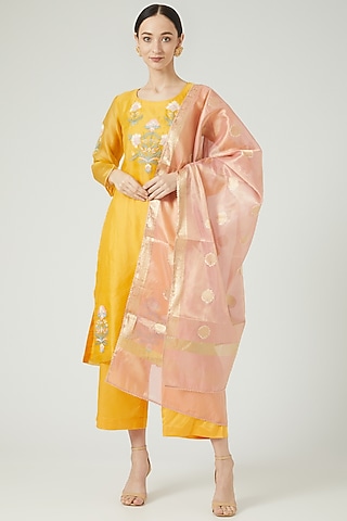 Yellow Hand Embroidered Kurta Set by Anjali Jain