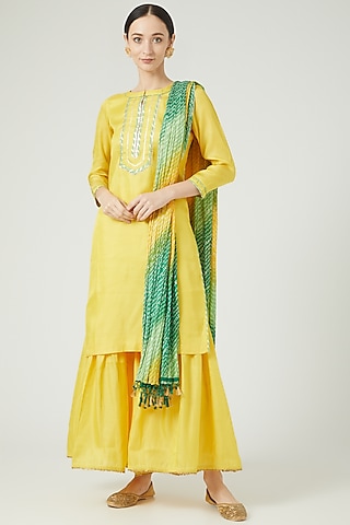 Yellow Cotton Silk Sharara Set by Anjali Jain