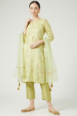 Pistachio Green Embroidered Kurta Set by Anjali Jain