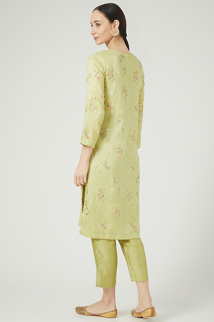 Pistachio Green Embroidered Kurta Set by Anjali Jain at Pernia's Pop Up Shop