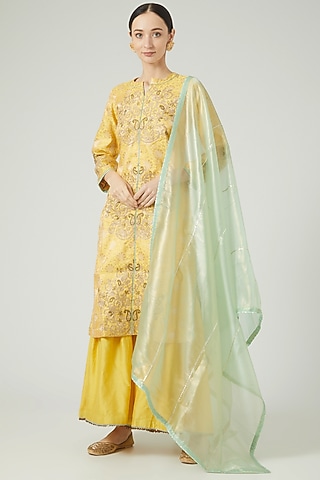 Yellow Brocade Embroidered Kurta Set by Anjali Jain