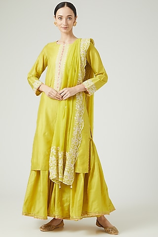 Lime Green Cotton Silk Sharara Set by Anjali Jain