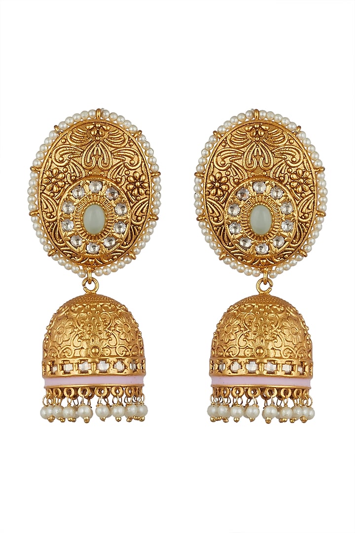 Gold Finish Temple Jhumka Earrings by Anjali Jain Jewellery