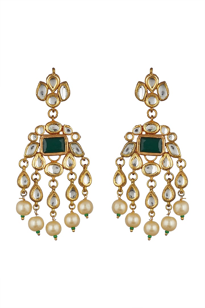 Gold Finish Kundan Earrings by Anjali Jain Jewellery