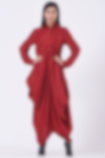 Red Silk Habutai Draped Dress by Rishta by Arjun Saluja