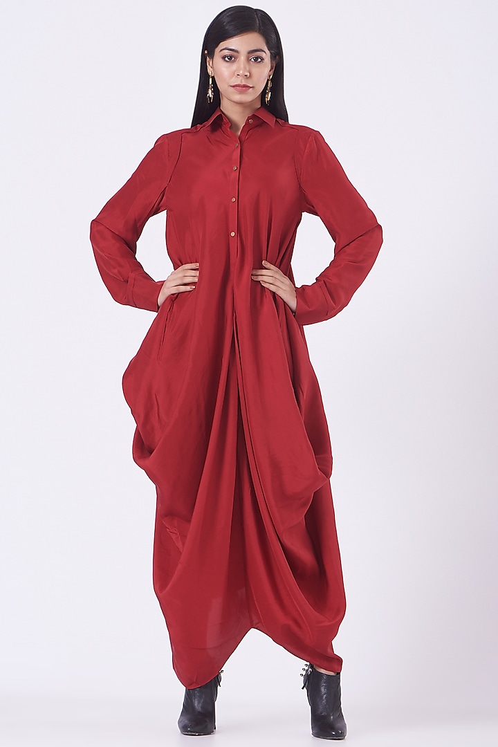 Red Silk Habutai Draped Dress by Rishta by Arjun Saluja