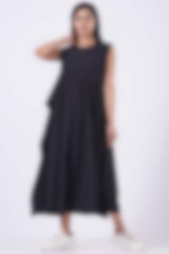 Black Cotton Silk Pleated Dress by Rishta by Arjun Saluja