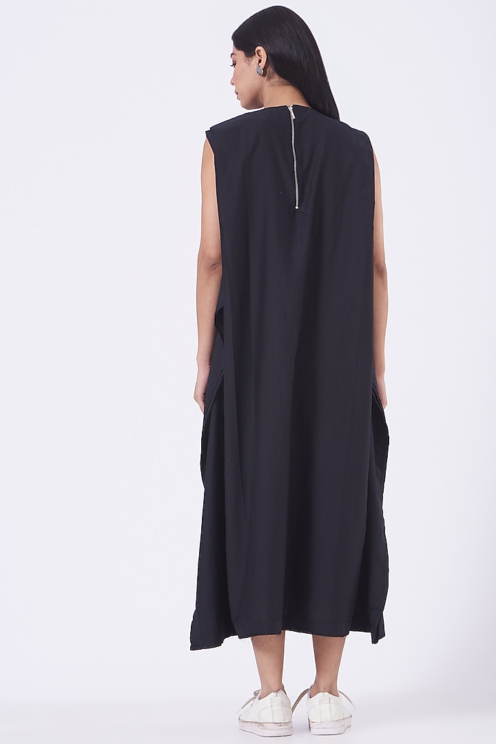 Black Cotton Silk Pleated Vacation Dress by Rishta by Arjun Saluja at Pernia's Pop Up Shop