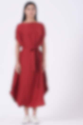 Red Draped Dress With Belt by Rishta by Arjun Saluja