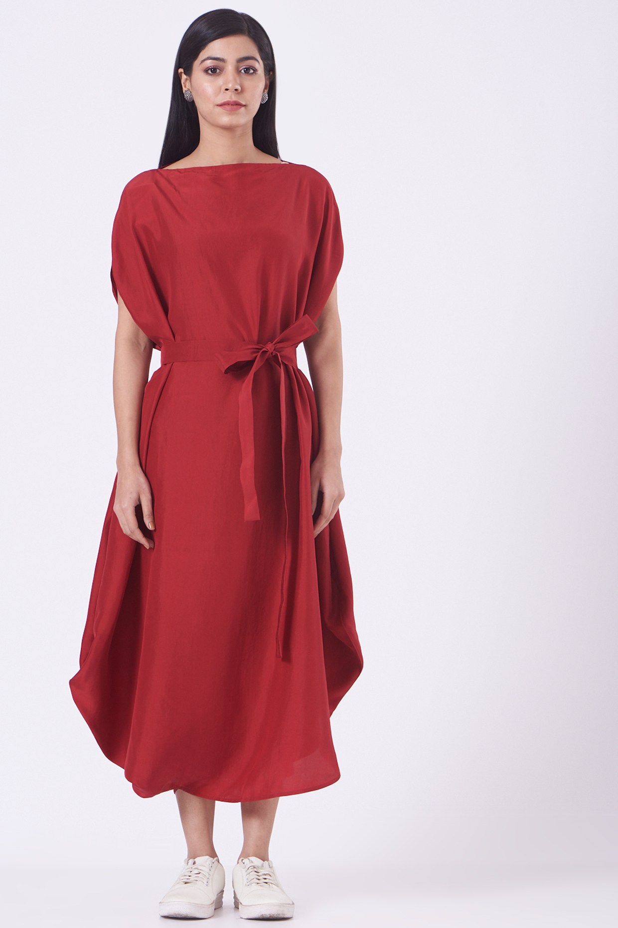 Red Draped Vacation Dress With Belt by Rishta by Arjun Saluja at Pernia's Pop Up Shop