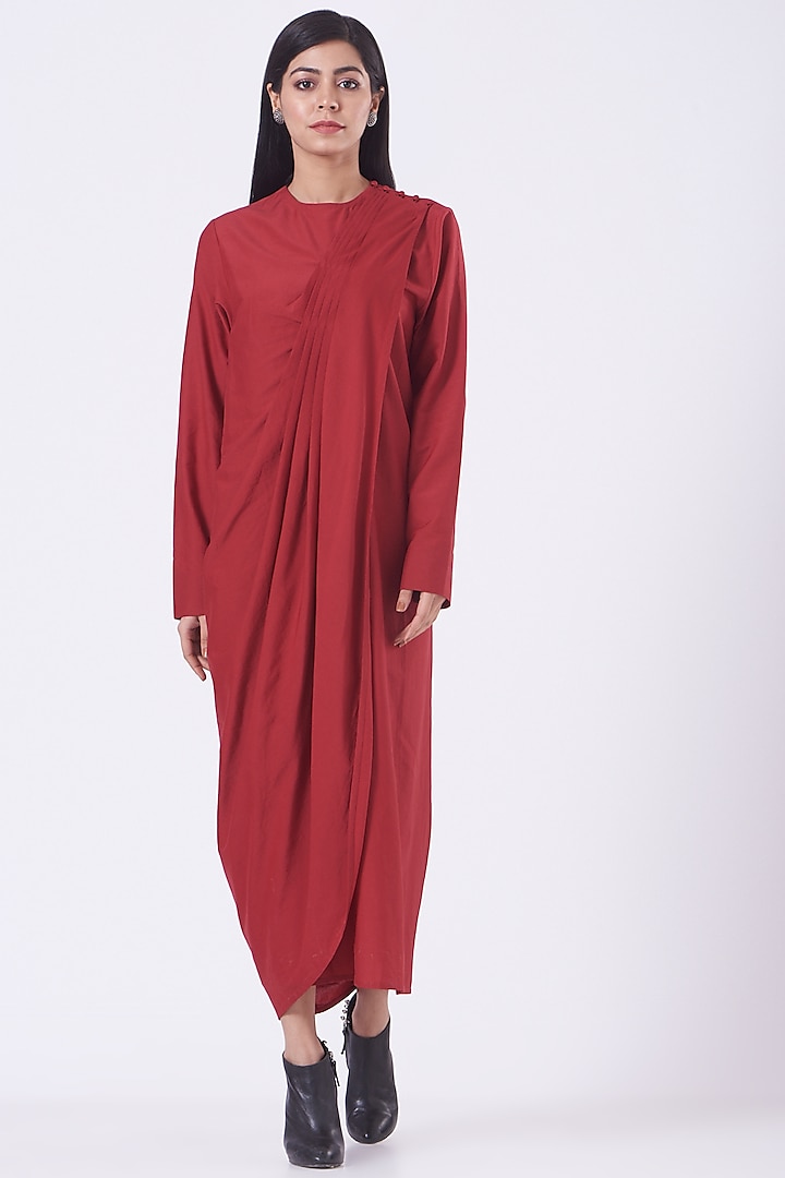 Red Cotton Silk Saree Dress by Rishta by Arjun Saluja