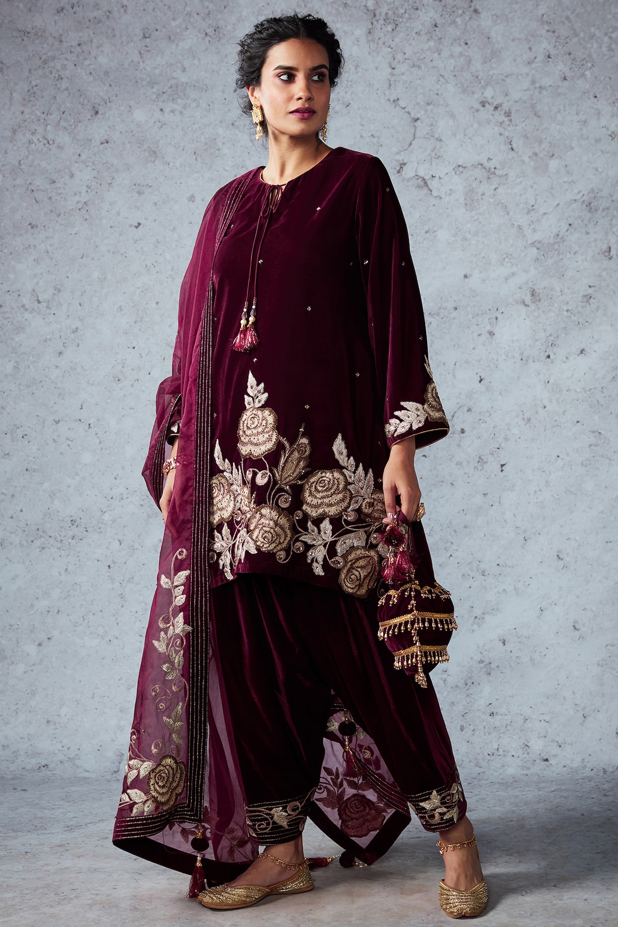 Wine Embroidered Kurta Set main image 1