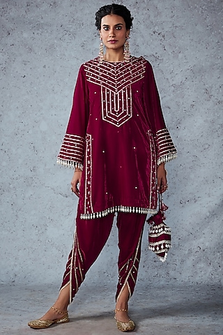 Hot Pink Embroidered Dhoti Set by Ajiesh Oberoi