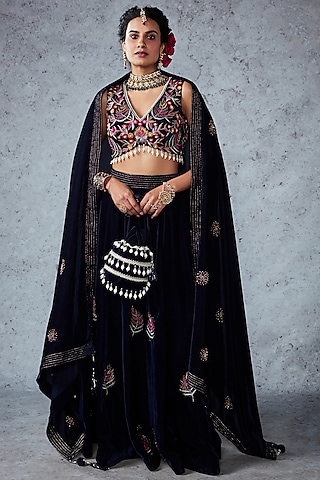 Dark Navy Blue Embroidered Sharara Set by Ajiesh Oberoi