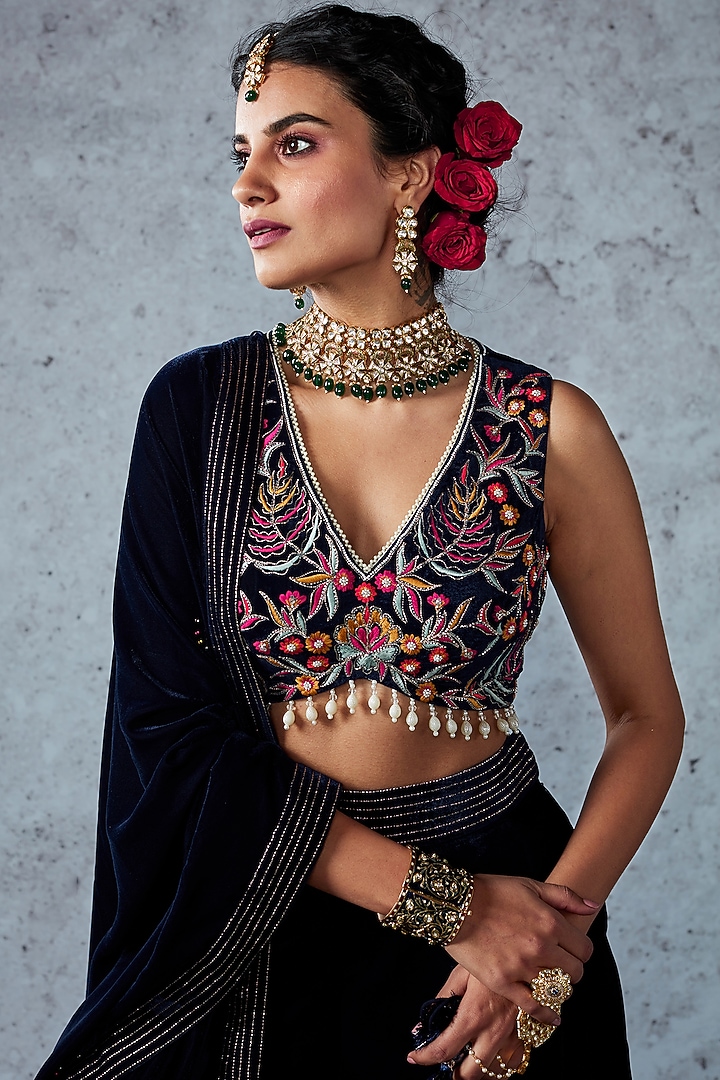 Dark Navy Blue Embroidered Wedding Sharara Set by Ajiesh Oberoi at Pernia's Pop Up Shop