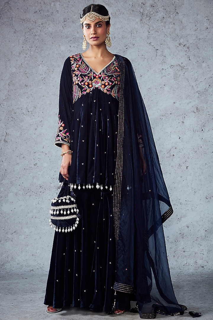 Dark Navy Blue Velvet Embroidered Gharara Set by Ajiesh Oberoi at Pernia's Pop Up Shop
