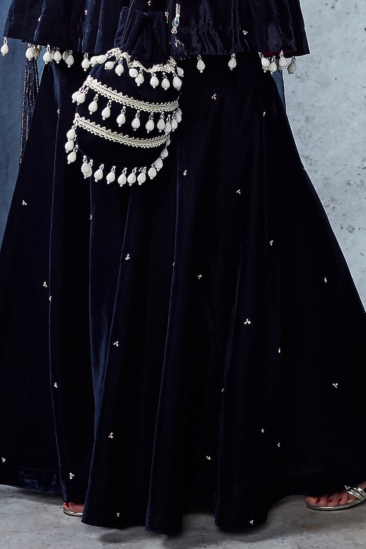 Dark Navy Blue Velvet Embroidered Gharara Set by Ajiesh Oberoi at Pernia's Pop Up Shop