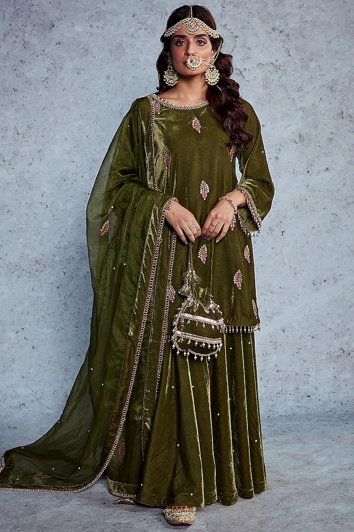 Olive Green Velvet Embroidered Gharara Set by Ajiesh Oberoi