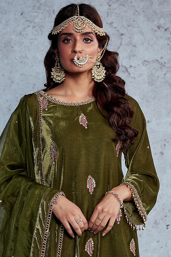 Olive Green Velvet Embroidered Gharara Set by Ajiesh Oberoi at Pernia's Pop Up Shop